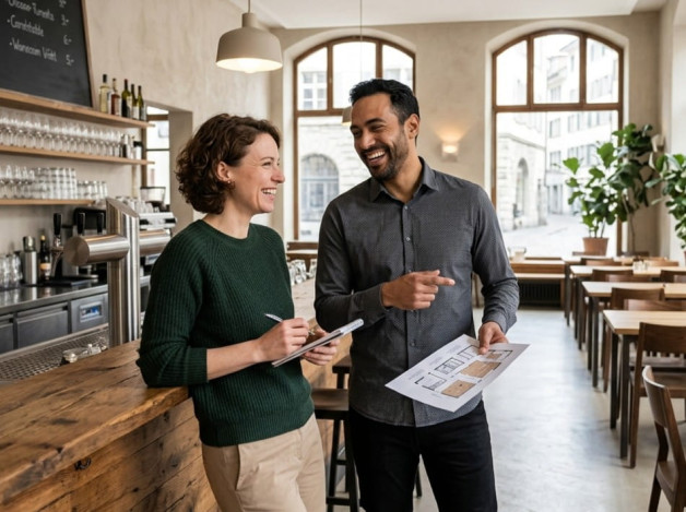  Wirtepaar steht in einem Lokal und bespricht Pl&auml;ne f&uuml;r das eigene Restaurant