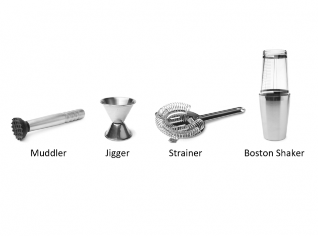 Bararbeitsgeräte: Muddler, Jigger, Strainer, Boston Shaker