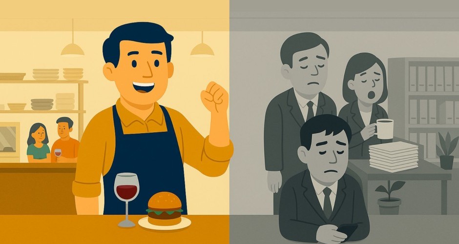 Bildvergleich mit grauem Büro links und fröhlichem Gastroalltag rechts