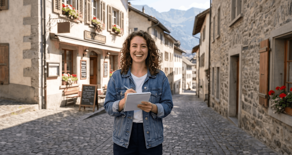 Gastronomin mit Checkliste vor ihrem Restaurant