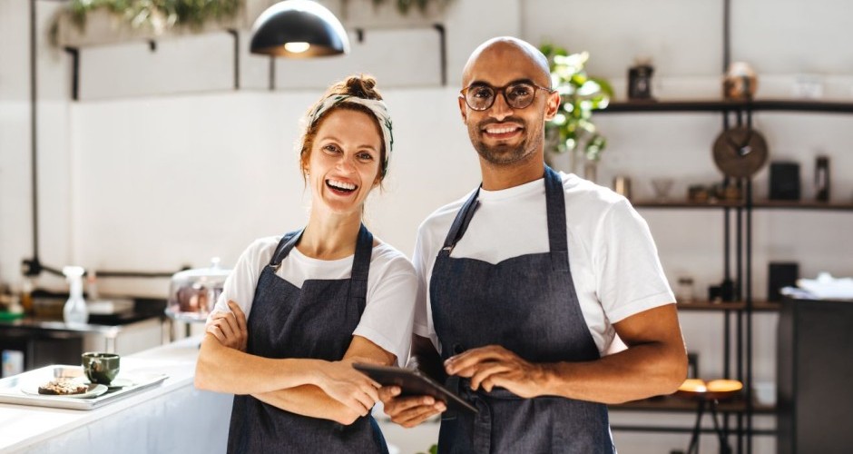 Lachende Personen in einem Gastro-Kurs